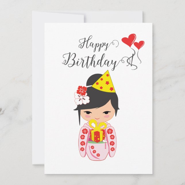 Tarjeta Festiva Kokeshi Doll Pink Happy Birday Card (Anverso)