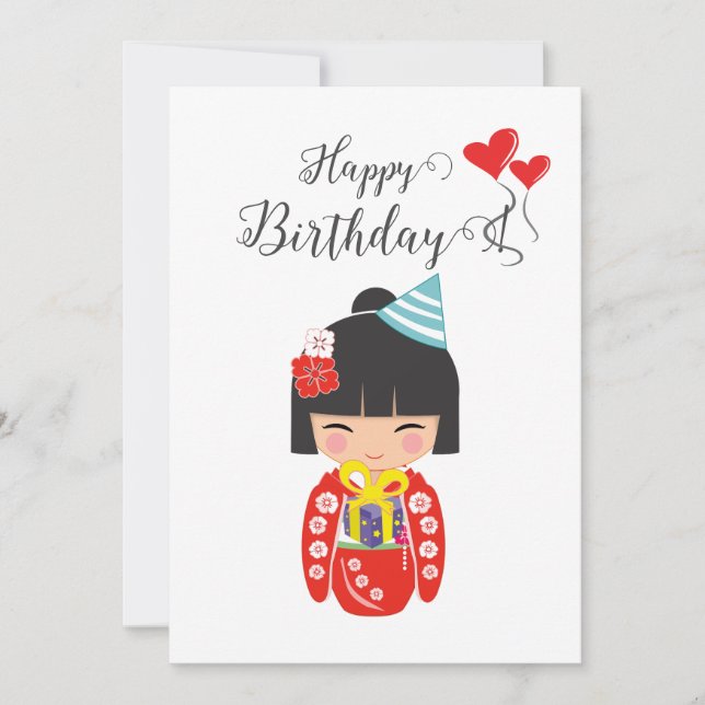 Tarjeta Festiva Kokeshi Doll Red Happy Birday Card (Anverso)