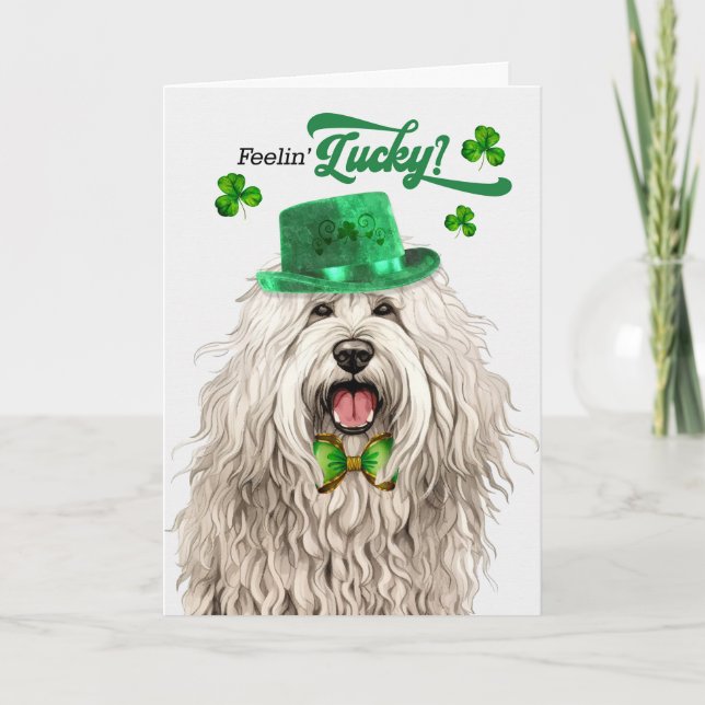 Tarjeta Festiva Komondor Dog Feelin' Lucky St Patrick's Day (Anverso)