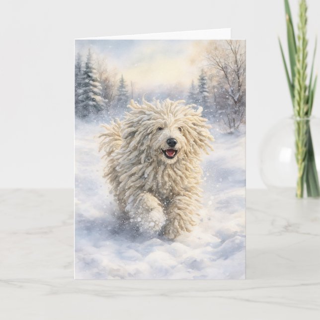 Tarjeta Festiva Komondor Snow Joy – Watercolor Holiday Card (Anverso)