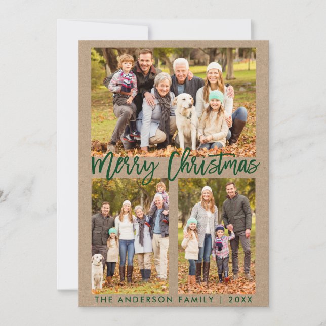 Tarjeta Festiva Kraft Green Brush Script Merry Christmas Photo (Anverso)