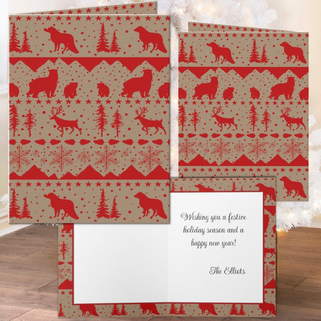 Tarjeta Festiva Kraft Rústico Nórdico Sweater Red Winter Animales (Rustic Kraft Nordic Sweater Red Winter Animals Holiday Christmas Wraparound Graphics Folded Card)