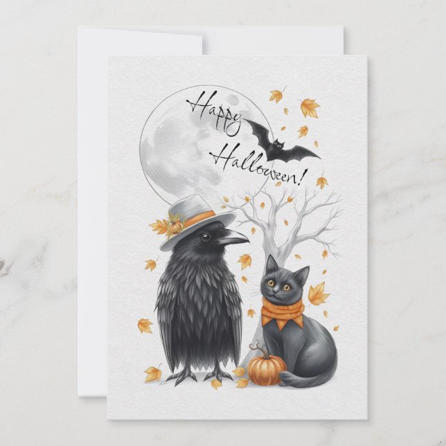 Tarjeta Festiva Krähe & Katze Herbst Halloween Karte Grußkarte (Anverso)