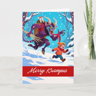 Tarjeta Festiva Krampus Alegre Persiguiendo a un Niño Travieso