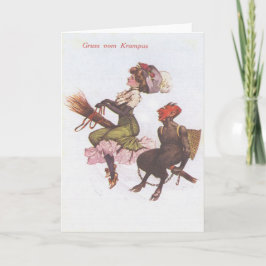 Tarjeta Festiva Krampus En Broom Con Mujer