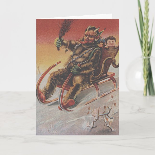 Tarjeta Festiva Krampus Kidnapping Children Sleigh (Anverso)