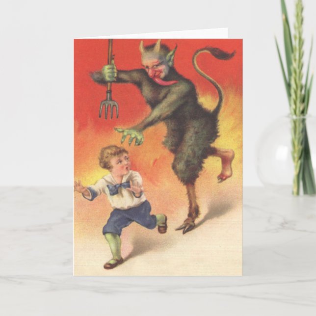 Tarjeta Festiva Krampus persiguiendo a un niño (Anverso)