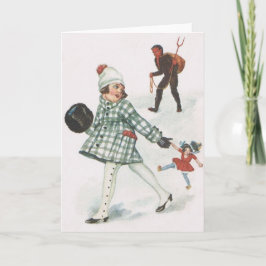 Tarjeta Festiva Krampus Persiguiendo A Una Niña Con Muñeca