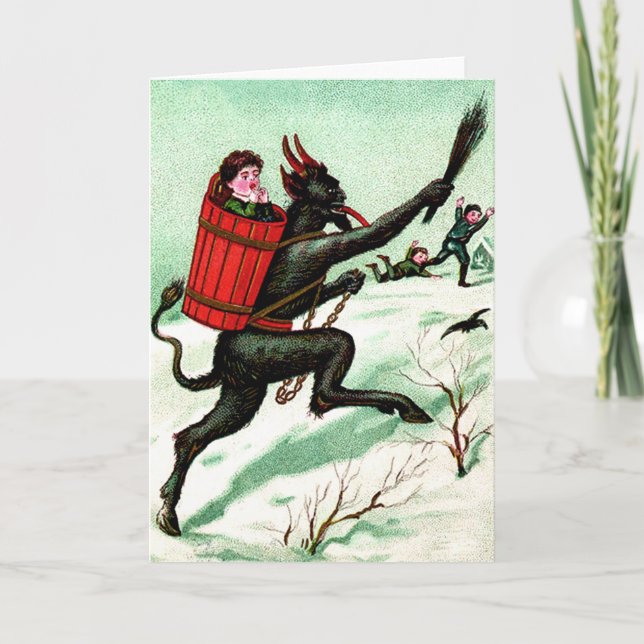 Tarjeta Festiva Krampus que persigue mala nieve del invierno de (Anverso)