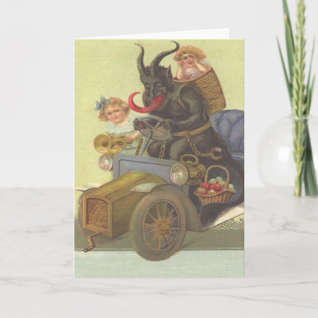 Tarjeta Festiva Krampus secuestrando niñas en un auto (Anverso)