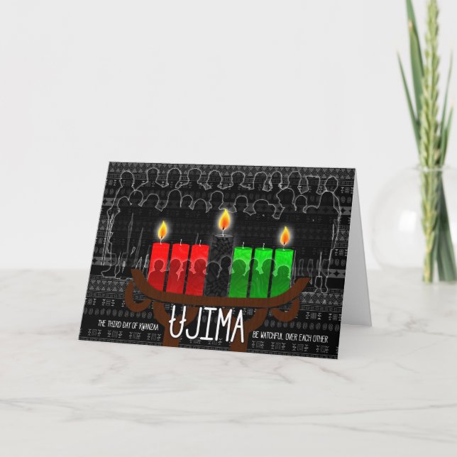 Tarjeta Festiva Kwanzaa Día 3 Responsabilidad Ujima con Kinara (Anverso)