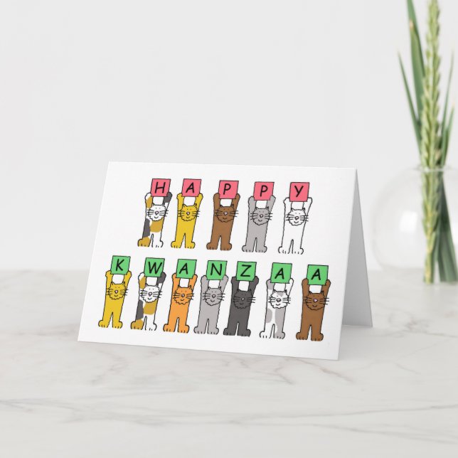 Tarjeta Festiva Kwanzaa feliz, gatos del dibujo animado (Anverso)