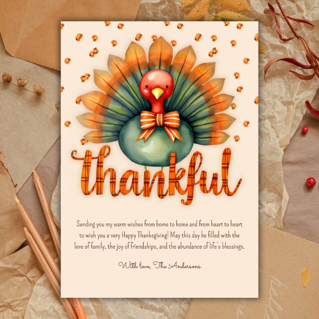 Tarjeta Festiva La acuarela turca fue un día de acción de gracias (Watercolor Turkey Plaid Thankful Thanksgiving Holiday Card)