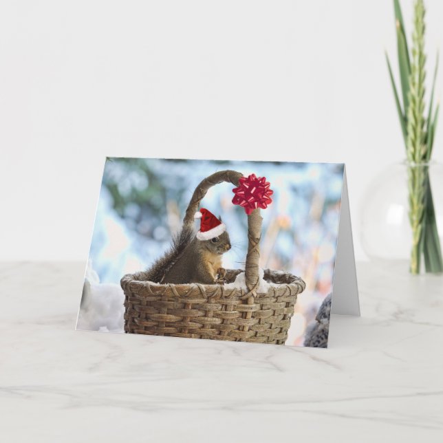 Tarjeta Festiva La ardilla de Santa en la Nieve (Anverso)