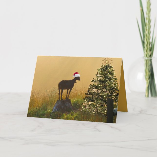 Tarjeta Festiva La Cabra Solitaria Se Maravilla En El Árbol De Nav (Anverso)