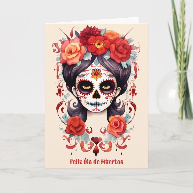 Tarjeta Festiva La Calavera Catarina en Flores Rojas (Anverso)