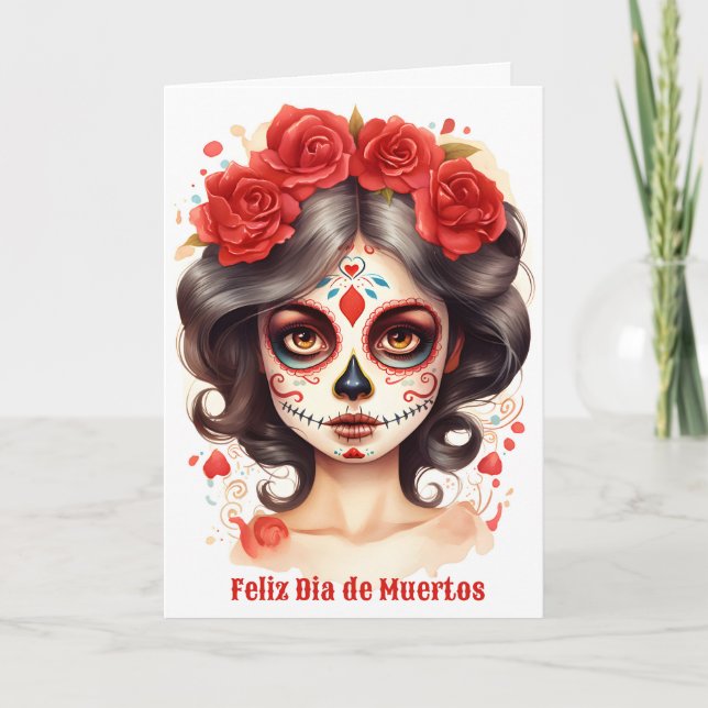 Tarjeta Festiva La Calavera 💀 en Flores Rojas 🌹 (Anverso)