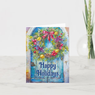 Tarjeta Festiva La corona de vacaciones en la puerta antigua