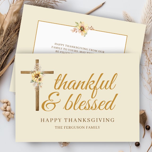 Tarjeta Festiva La Cruz Floral Agradecida Bienvenida Gracias (elegant wooden cross with sunflower arrangement with thankful and blessed happy thanksgiving cards)