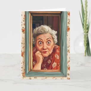 Tarjeta Festiva La divertida ventana de la anciana mujer