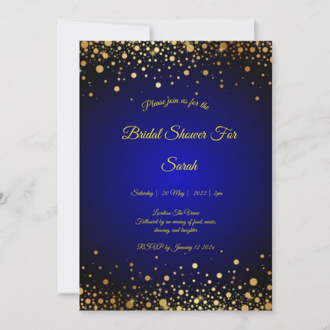 Tarjeta Festiva La ducha Royal Blue and Gold de novia invita al pr (Anverso)