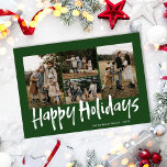 Tarjeta Festiva La etiqueta verde moderna cuatro fotos es feliz<br><div class="desc">La tarjeta navideña Green Modern Lettering Four Photo Happy Holiday Card incluye cuatro fotos en la parte delantera y otra en la parte trasera con espacio para tu mensaje más largo.</div>