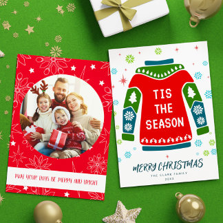 Tarjeta Festiva La familia de fotos verdes rojas suéter feo esta t