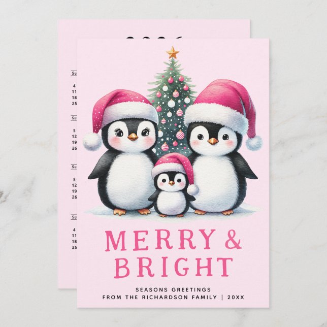 Tarjeta Festiva La familia de los pingüinos guapos y los Navidades (Anverso / Reverso)