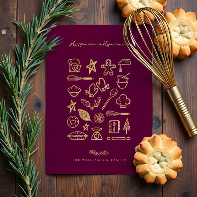 Tarjeta Festiva La felicidad es la receta casera para hacer borgoñ (Happiness Is Homemade Gold Burgundy Baking Recipe Holiday Card)
