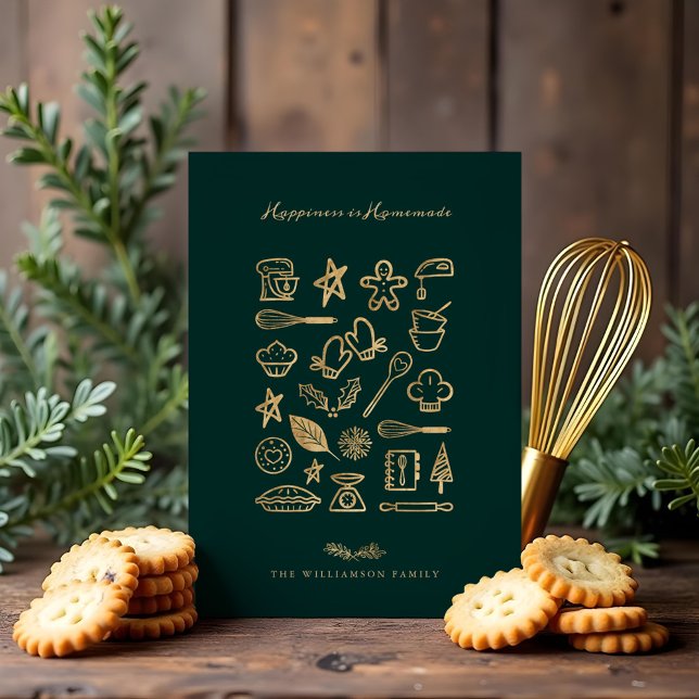 Tarjeta Festiva La felicidad es oro casero y receta de pan verde (Happiness Is Homemade Gold & Green Baking Recipe Holiday Card)