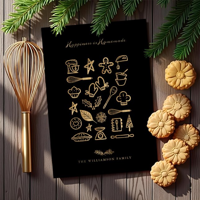 Tarjeta Festiva La felicidad es receta casera de oro y pan negro (Happiness Is Homemade Gold & Black Baking Recipe Holiday Card)