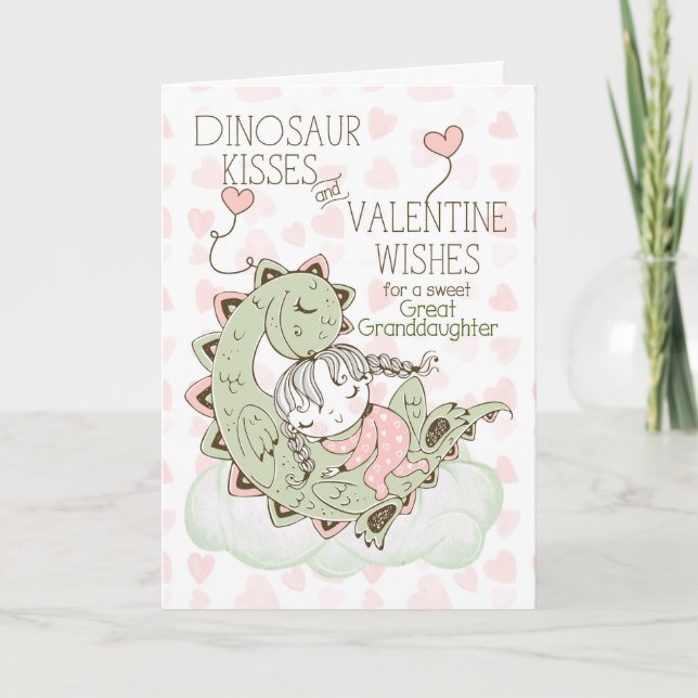 Tarjeta Festiva La gran nieta Dinosauria besa San Valentín (Anverso)