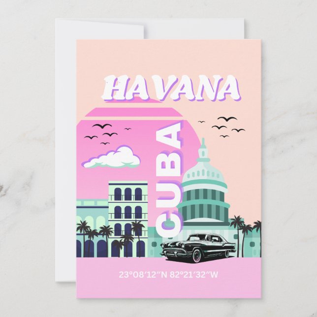 Tarjeta Festiva La Habana Cuba: arte de viajes rosado (Anverso)