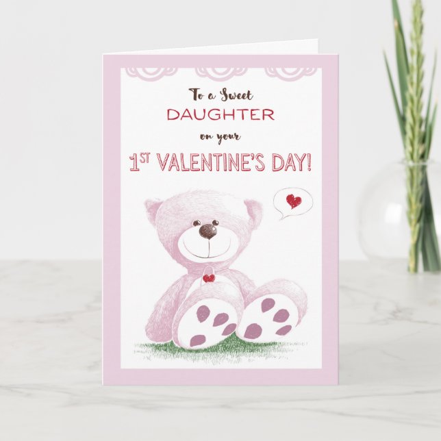 Tarjeta Festiva La hija, 1r el día de San Valentín, peluche rosado (Anverso)