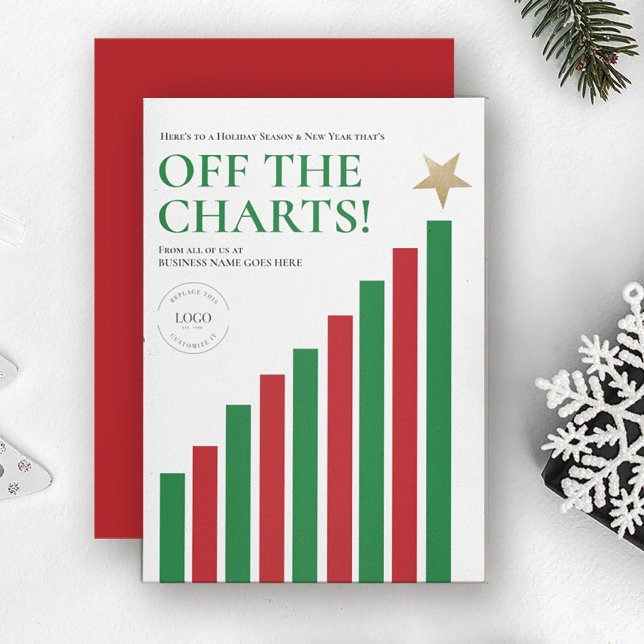 Tarjeta Festiva La industria de las finanzas fuera de las tablas F (Off the charts red, green, gold financial business christmas holiday cards with logo.)