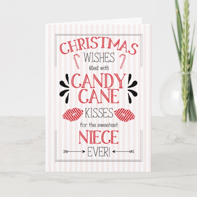 Tarjeta Festiva La joven sobrina Candy Cane besa los deseos de los (Anverso)
