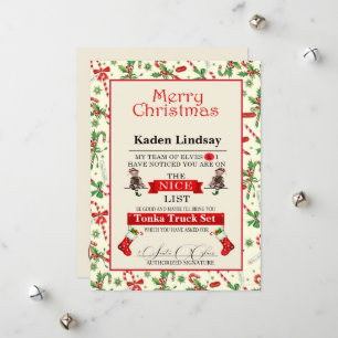 Tarjeta Festiva La lista de navidades Candy Cane Santa