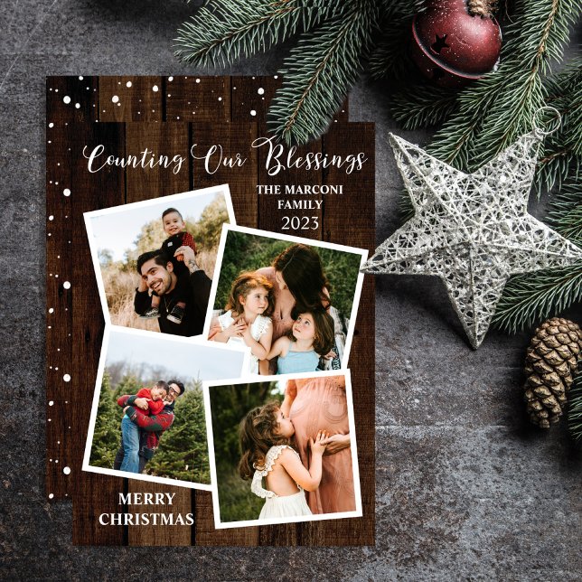 Tarjeta Festiva La madera rústica cuenta nuestras bendiciones 4 Fo ("Counting Our Blessings"!  Say "Merry Christmas" in rustic style with this 4 photo holiday card.)
