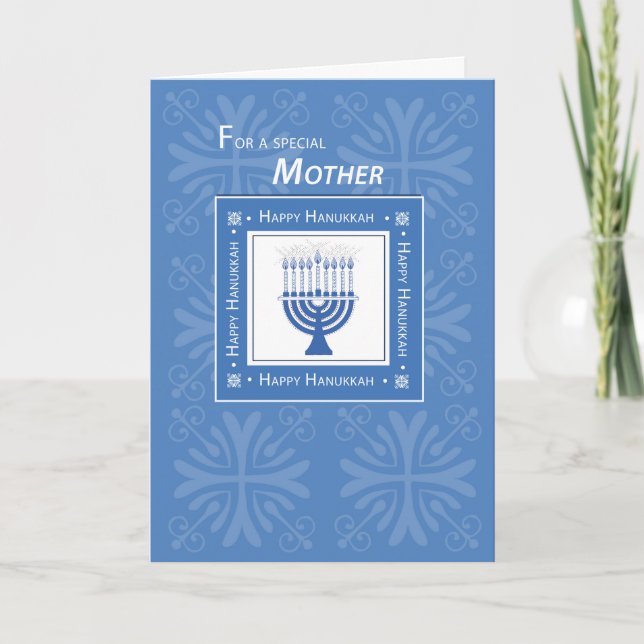 Tarjeta Festiva La madre Jánuca desea Menorah azul (Anverso)