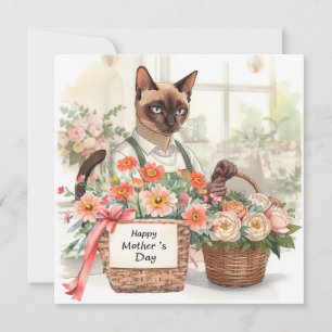 Tarjeta Festiva La mamá gata está arreglando flores para el Día de