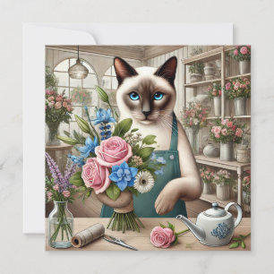 Tarjeta Festiva La mamá gata está arreglando flores para el Día de