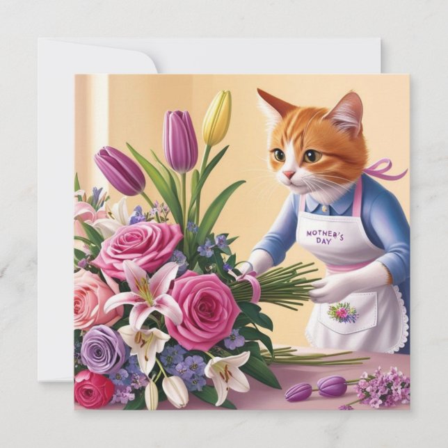Tarjeta Festiva La mamá gato está arreglando flores para el Día de (Anverso)