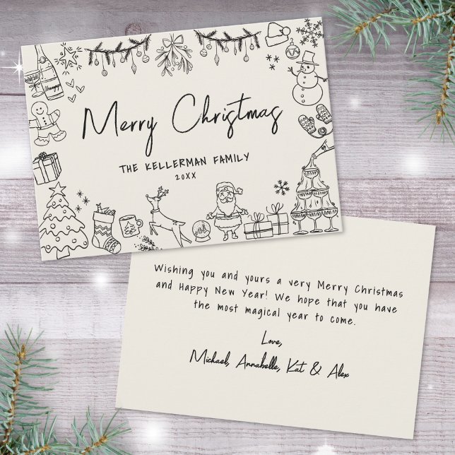 Tarjeta Festiva La mano dibujada para la fascinante cosecha navida (Hand Drawn Whimsical Vintage Merry Christmas Holiday Card)