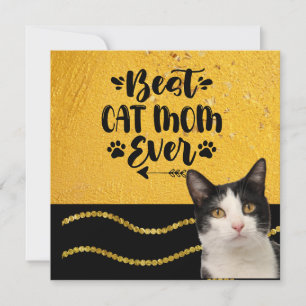 Tarjeta Festiva La mejor mamá de gatos con gato negro y blanco esm