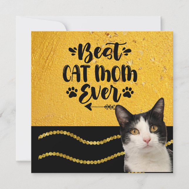 Tarjeta Festiva La mejor mamá del gato con esmoquin negro y negro. (Anverso)