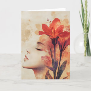 Tarjeta Festiva La mujer enfrenta las flores rojas