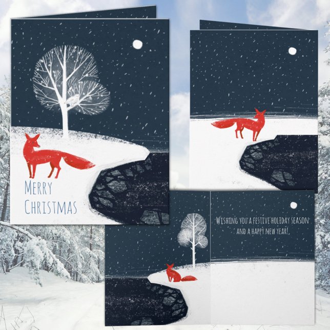 Tarjeta Festiva La Noche Nórdica De Invierno Red Fox En Los Fiordo (Nordic Winter Night Red Fox In The Fjords Holiday Christmas Folded Wraparound Graphics Card)