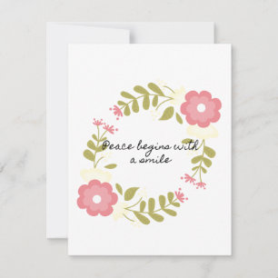 Tarjeta Festiva La paz empieza con una sonrisa rosa floral