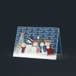 Tarjeta Festiva La paz en la tierra: hombres de nieve de azul<br><div class="desc">Serpientes de nieve en copos de nieve con texto de paz sobre la tierra en azul con copos de nieve y pino blanco. Se puede cambiar el color de fondo.</div>