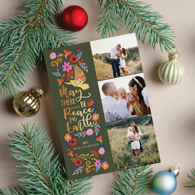 Tarjeta Festiva La paz en la tierra sobre el arte folclórico flora (Peace on Earth Dove Floral Folk Art Green Photo Holiday Card)